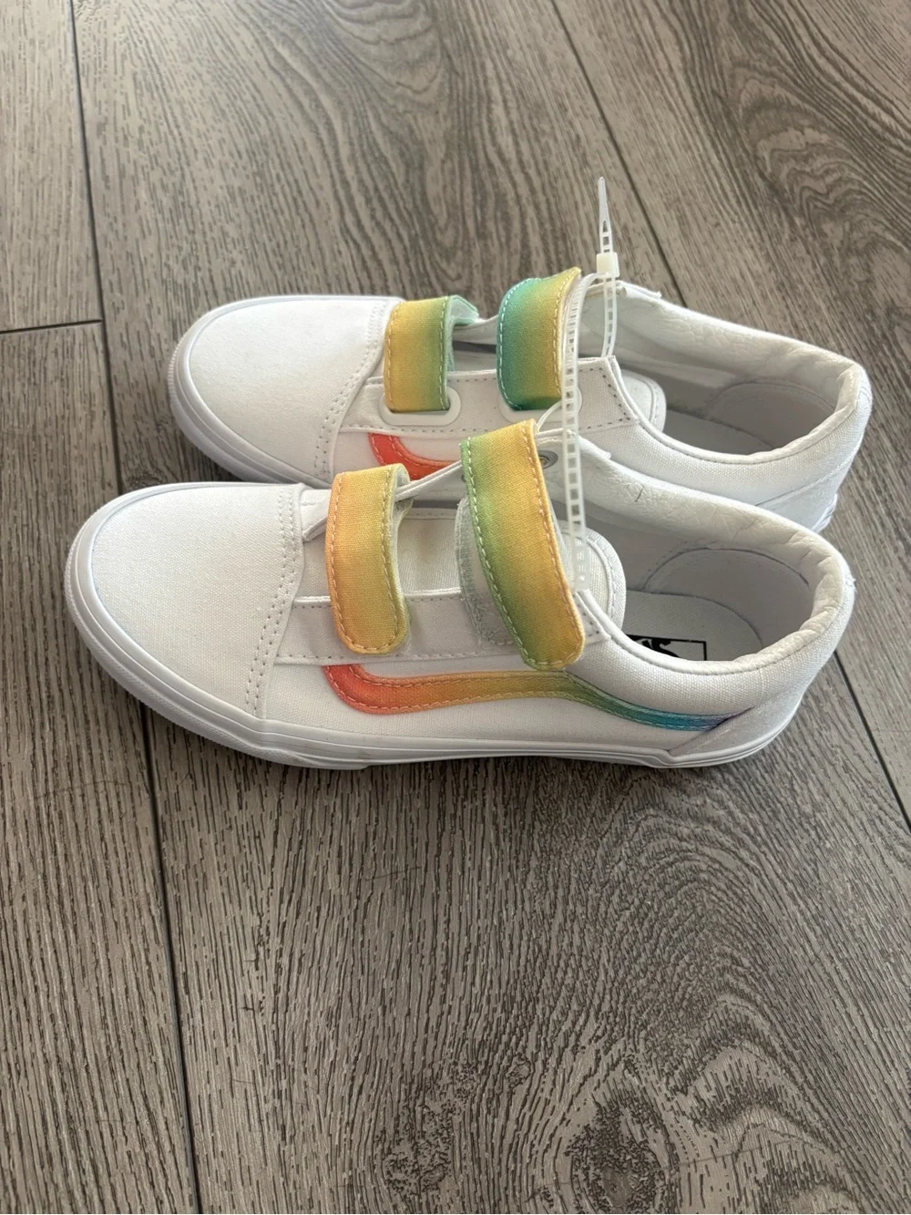 Vans Kids White Canvas Sneakers with Rainbow Gradient Straps NWOT